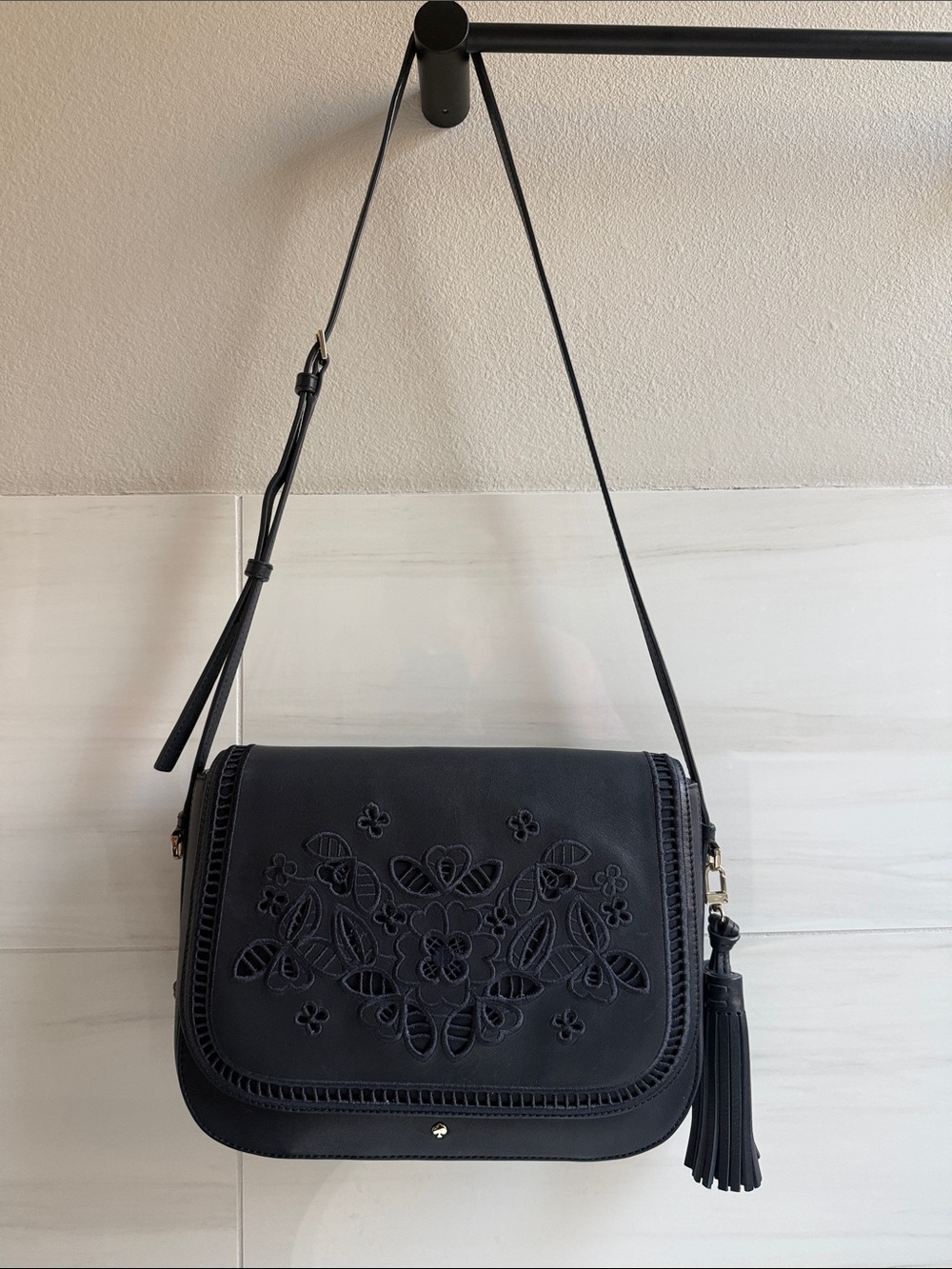 Kate Spade Madison Avenue Navy Floral Appliqué Crossbody Bag with Tassel